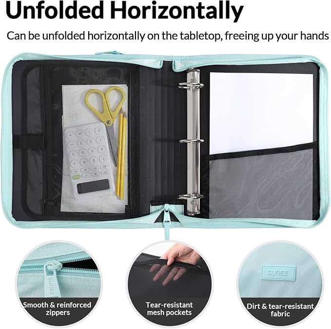 SUNEE Zippered Binder Bag with Handle, 2-Inch 3-Ring O-Ring, 500-Sheet Capacity, Includes Zip Pocket, 5-Tab Expanding File Folder, Multi-Pocket Organizer Binder for Middle School, Sky Blue