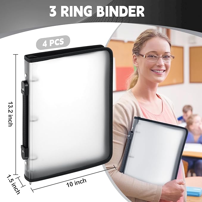Teling 4 Pcs 1 Inch Clear Zipper Binder with 3 Ring Zipper Binder, Refillable Plastic Clear File Organizer Planner for Projects, Assignments, Memos, School Work, 11.3 x 9.6 Inch