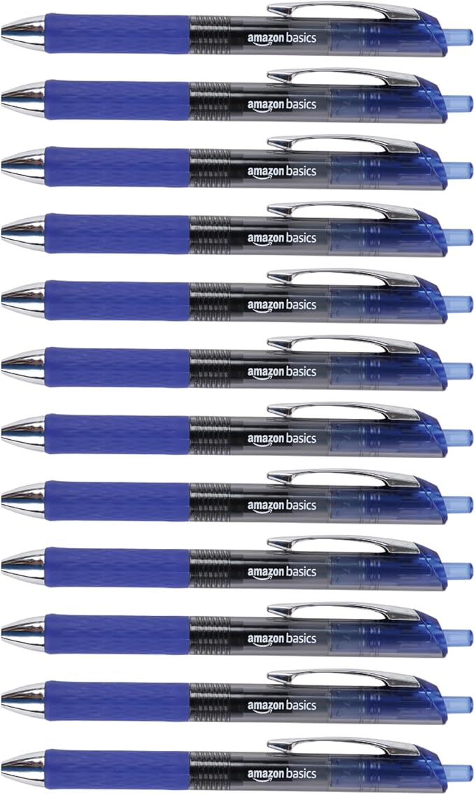 Amazon Basics Retractable Gel Pens, Fine Point 0.7mm, Smooth Writing, No-Smear Ink, Blue, 12-Pack