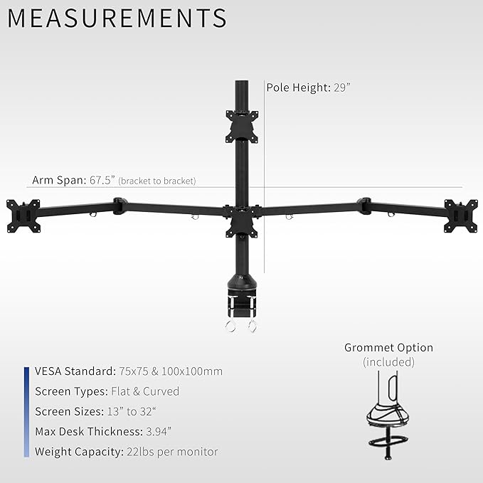 VIVO Quad Monitor 13 to 32 inch LED LCD Clamp-on Desk Mount, 3 Plus 1 Articulating VESA Computer Stand, Holds 4 Screens, Fully Adjustable for Home Office Workstation, Black, STAND-V104A