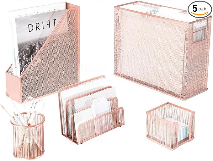 BLU MONACO Rose Gold Desk Organizer Set | 5-Piece Metal Desktop Organization Kit With File Holder, Magazine Rack, Pen Cup, Sticky Note Holder and Letter Sorter | Stylish Office Accessories