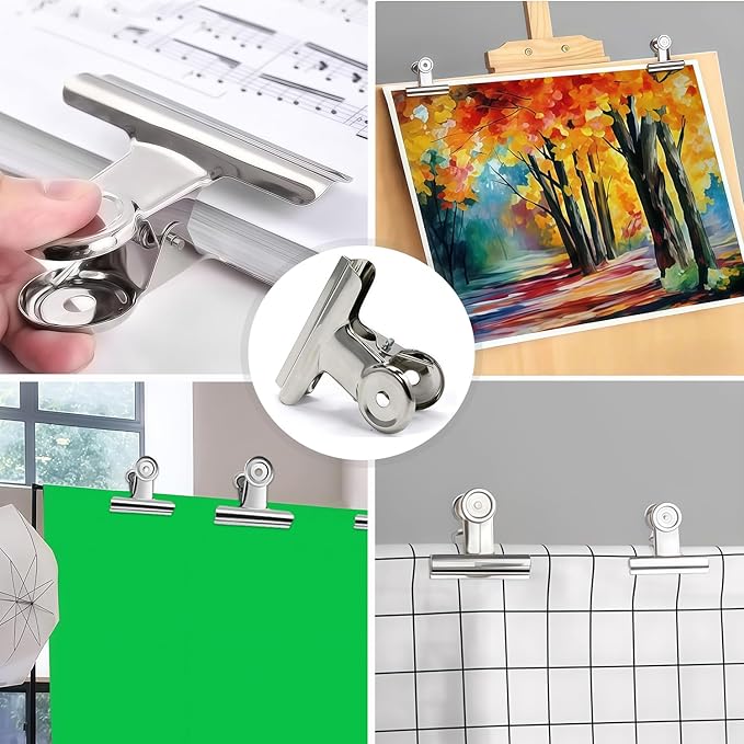 Stainless Steel Metal Hinge Clips Assorted Pack, Large Bulldog Clips 3 Inch & 2 Inch, Bull Hinge Clip for Crafts, Photo, Drawing, Backdrop, Food Bags at Home, Office, School (Silver)