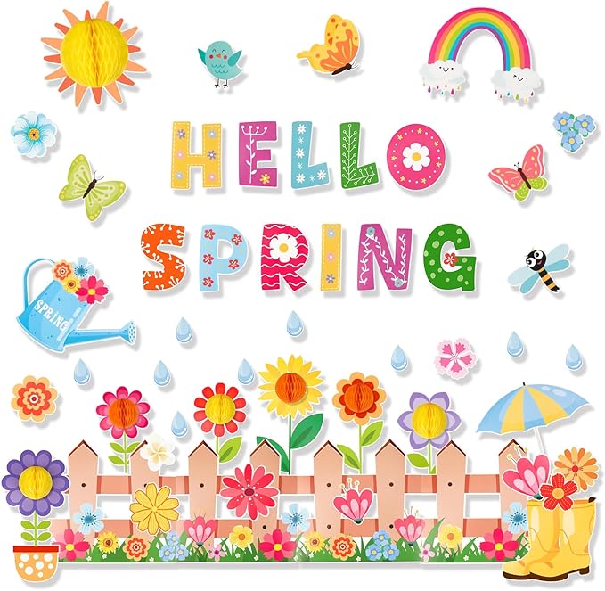 Konsait Spring Bulletin Board Decorations, 59Pcs Raindrop Flower Hello Spring Bulletin Board Decorations Set, Spring Cutouts for Classroom Office Home Wall Blackboard Door Decorations
