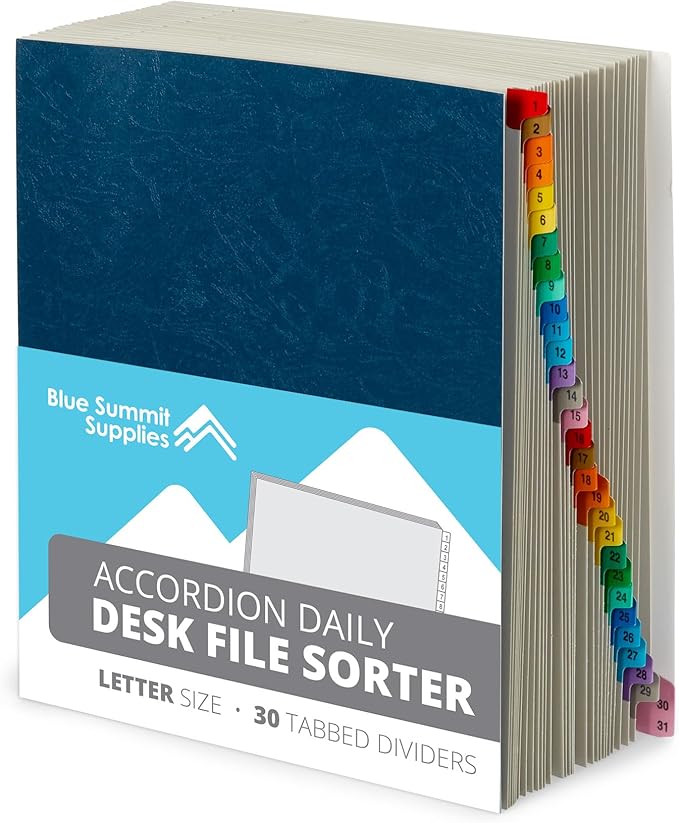 Blue Summit Expanding 1-31 Desk File Sorter, 31 Day Accordion File Organizer, Letter Size Document Sorter and Tickler Folder, Blue
