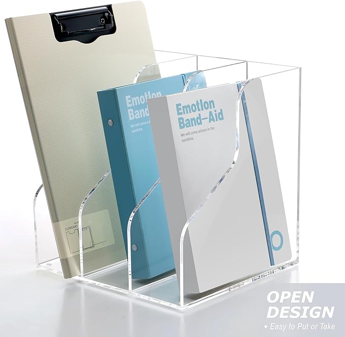 SANRUI 3 Slots Acrylic Magazine Holder, Desktop File Sorter Organizer Rack Bookshelf, Workspace Sorters Office Desk Accessories Organization Storage Stand, Clear