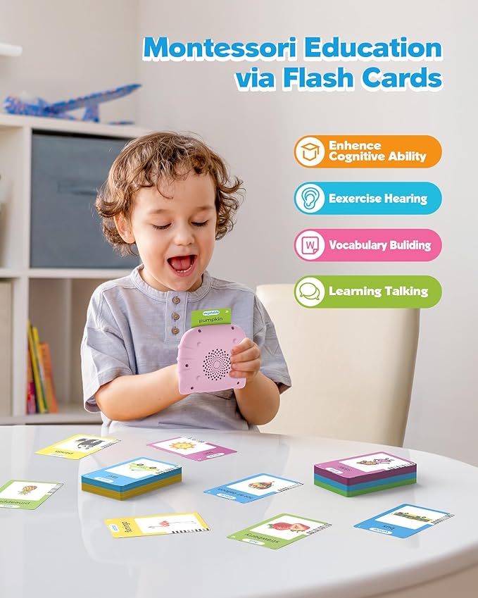 Talking Flash Cards for Toddlers 1 2 3 4 Year Olds, Montessori Language Learning with 224 Words, Pocket Speech Therapy Playthings, Children's Sensory Educational Device, Pink