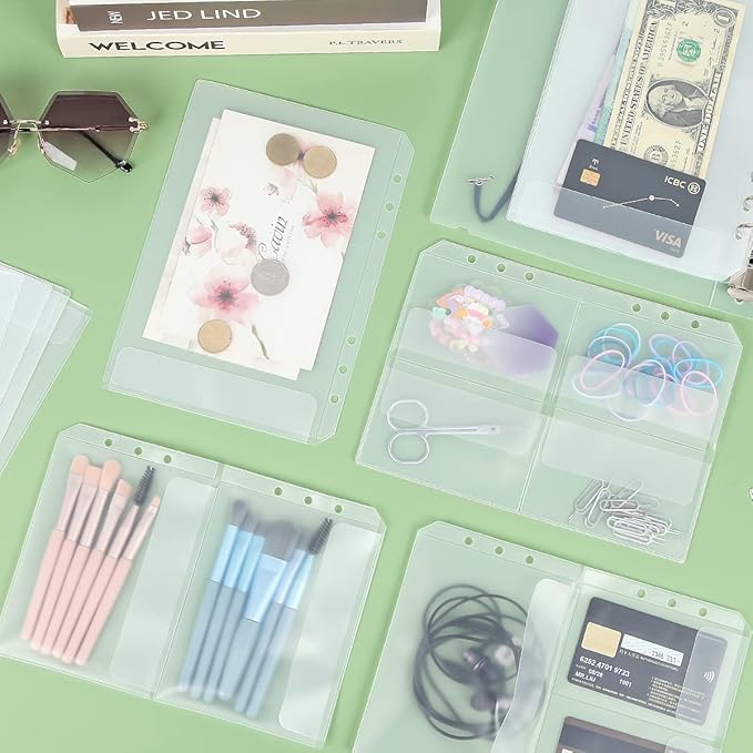 30pcs Quartering A5 Binder Pocket no Zipper Clear Budget Planner Inserts Bulk Binder Organizer Cash Envelopes for Budgeting Waterproof PVC Loose Leaf Bags Card Sleeves for 6 Ring Notebook