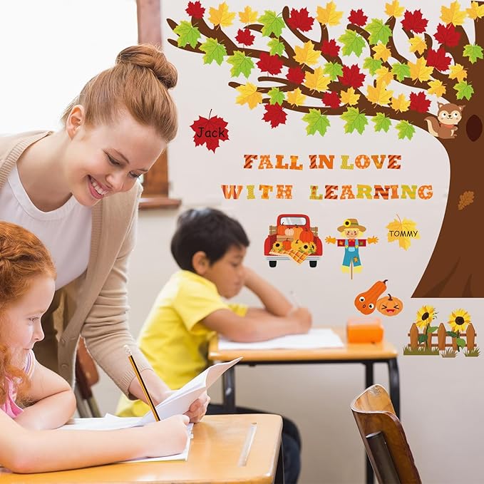 120Pcs Fall Bulletin Board Decorations - Fall in Love with Learning Thanksgiving Autumn Scarecrow Pumpkin Cutouts for Classroom School Office Home Wall