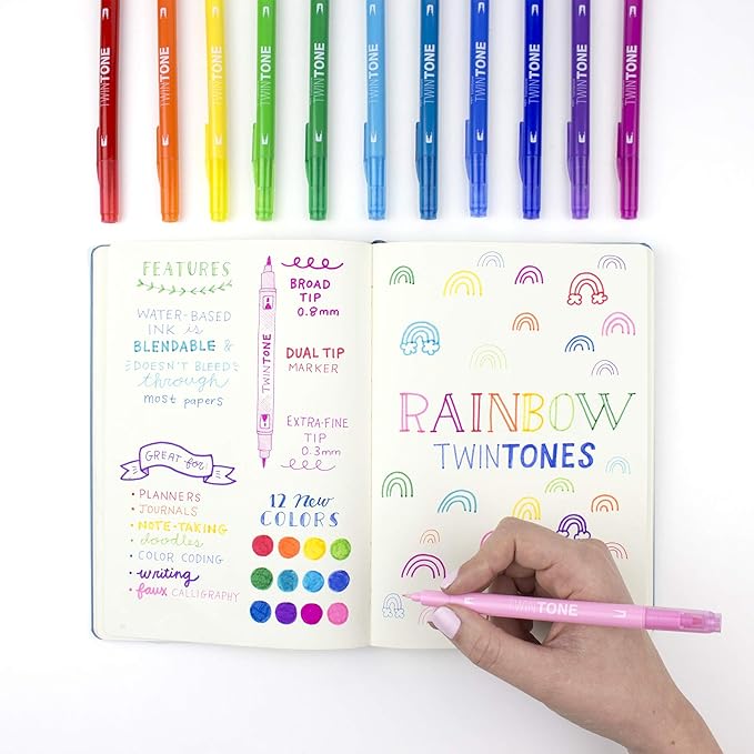 Tombow 61526 TwinTone Marker Set, Rainbow, 12-Pack. Double-Sided Markers Perfect for Planners, Journals, Doodling, and More!