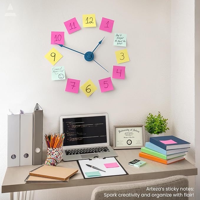 ARTEZA Sticky Notes, 3x3 Inches, 12 Pads, Bulk Pack of Assorted Multicolor Self-Adhesive Notes for Office, School & Home