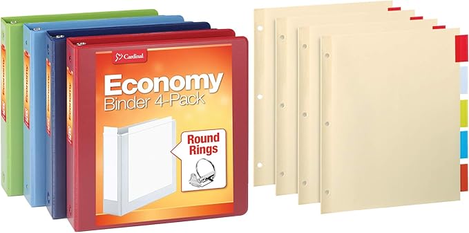 Cardinal 3 Ring Binders Economy Pack, 4 Sets of Binder Dividers, Durable 1.5 Inch, Holds 350 Sheets, ClearVue, Non-Stick, Assorted Colors, 4 Pack