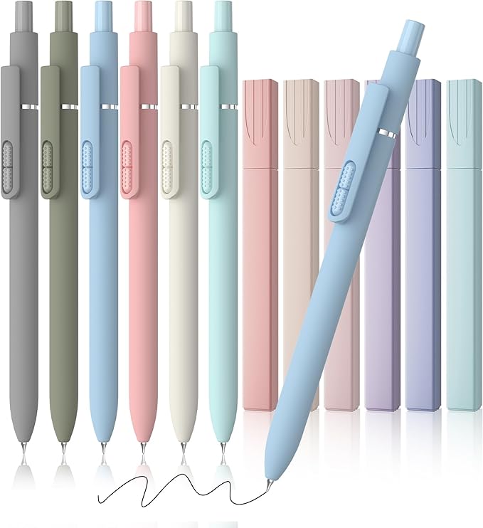 12 Pack Gel Pens, 0.7mm Black Ink Fine Point Smooth Writing with Aesthetic Highlighters, Quick-Dry Long-Lasting Pens Set for Journaling School Office Supplies (6 Pens + 6 Highlighters)