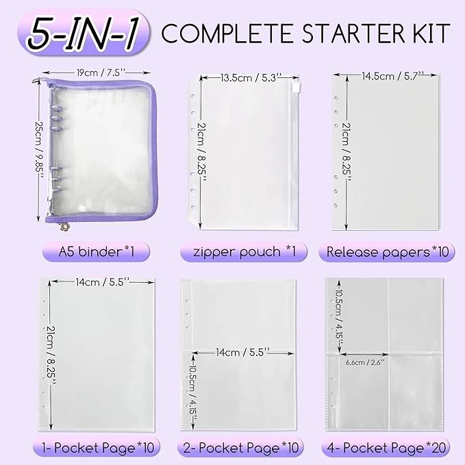 5-in-1 Sticker Organizer Book Reusable A5 Storage Binder with 220 Pockets,10 Release Papers, Zipper Album Sticker Collecting Display Keeper (Purple)