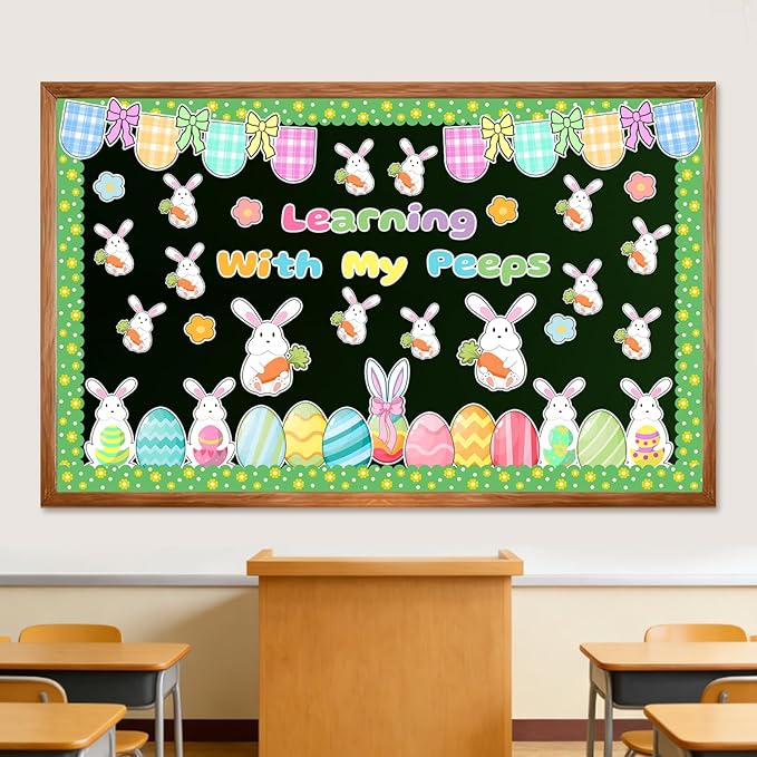 Auch Easter Bulletin Board Decorations Set - 79 Pcs Spring Classroom Decor with Bunnies & Easter Eggs, “Learning with My Peeps” Bulletin Board Kit for School Classroom Daycare Preschool