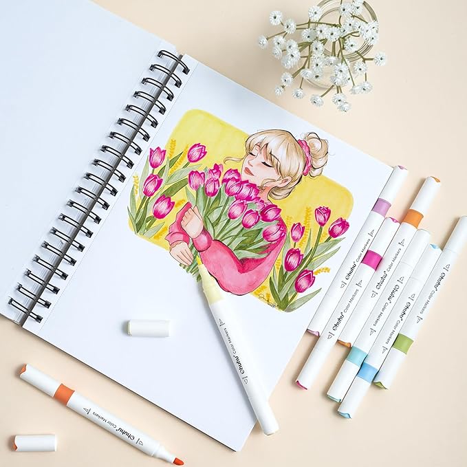 Ohuhu Water-based Markers for Adult Coloring Books No Bleeding 64 Colors Dual Tips Coloring Markers for Kids Adults Beginners Drawing Pens for Journaling Lettering (Brush & Chisel)