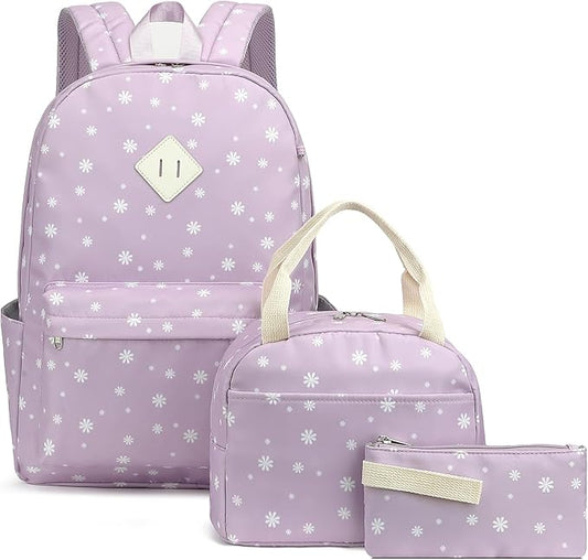Flowers School Backpack for Girls, 3PCS Bookbags Set with Lunch Box Pencil Pouch Elementary Middle School Bag Laptop Back Packs (Daisy Purple)