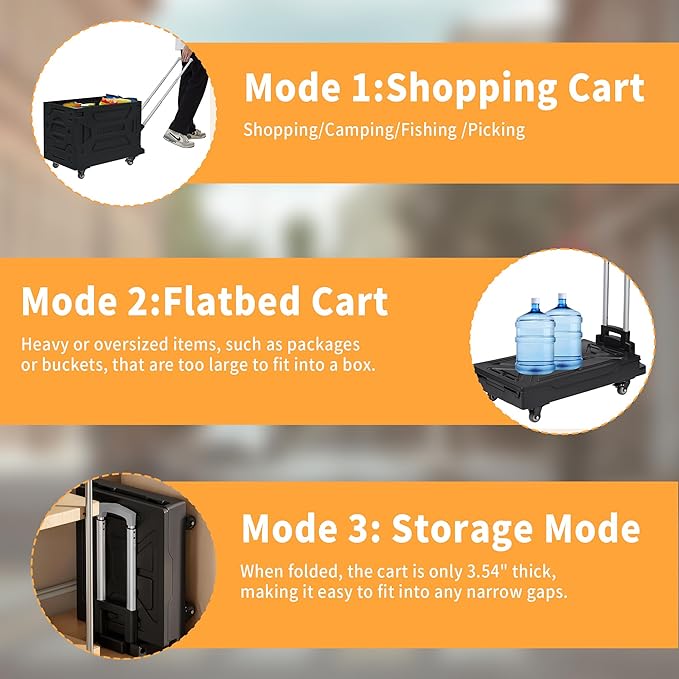 VECELO Foldable Shopping Cart with Wheels, Collapsible Rolling Crate for Groceries, Folding Storage Box with Handle, Three Modes of Use, Ideal for Teacher, Trip, Outdoors, Etc., 23GAL,Black