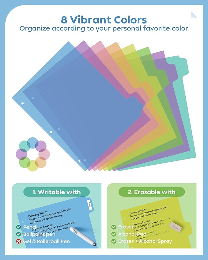 16 PCS 8 Tab Binder Dividers for 3 Ring Binder,Thicken, Write & Erase Reusable Waterproof Plastic Binders for School & Office Files, 2 Set, Extra 40 Labels