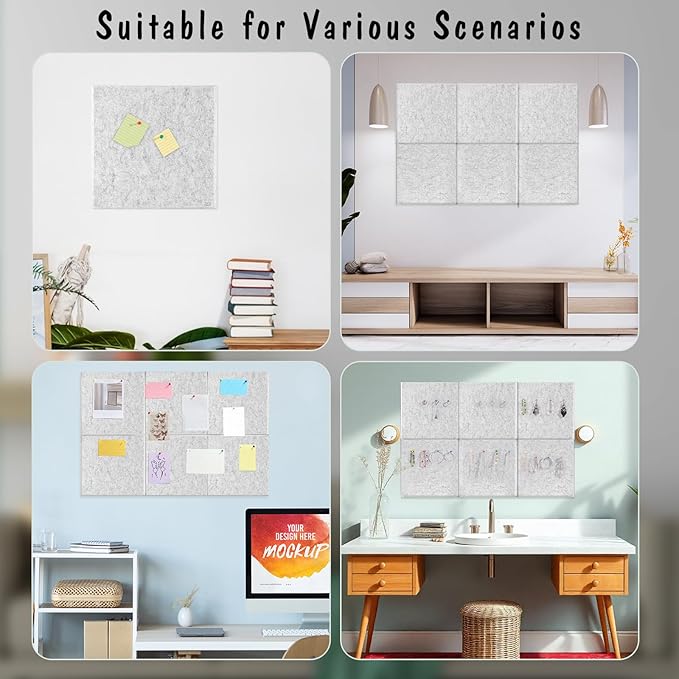 Large Cork Board 36" x 24", 6 Pack Felt Bulletin Board with 30 Pushpins, Cork Boards Alternative with Self-Adhesive Strips, Felt Wall Tiles Pin Boards for Walls Office Home School Decor-Light Gray