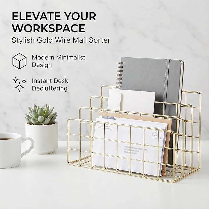 Simmer Stone Letter SorterOrganizer for Desk, Premium Plated Metal Mail Holder, 3-Slot Ultra-Stable Non-Wobbling Desktop Organizer for Envelopes, Documents, Palettes, 9.5 x 4.7 x 6 Inche, Gold