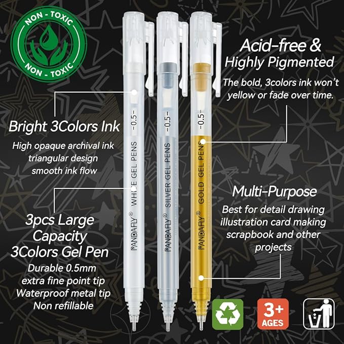 PANDAFLY Gold Silver White Gel Pens, 0.5mm Extra Fine Point Archival Ink Pen for Journaling, Art, or Drawing - For Artist Gifts, Holiday Gifts & DIY Projects, 3 Pack