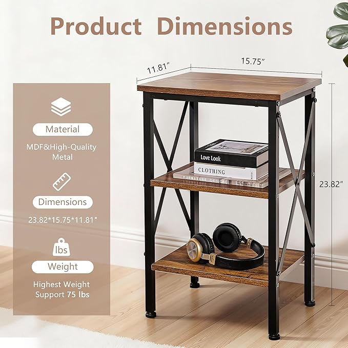 VECELO End Table, Bedside Table, 24" Tall Living Room End Tables, X-Design Reinforced Nightstands, Side Table with 3-Tier Storage Shelves for Small Spaces, Office, Bathroom, Bedroom, Rustic Brown