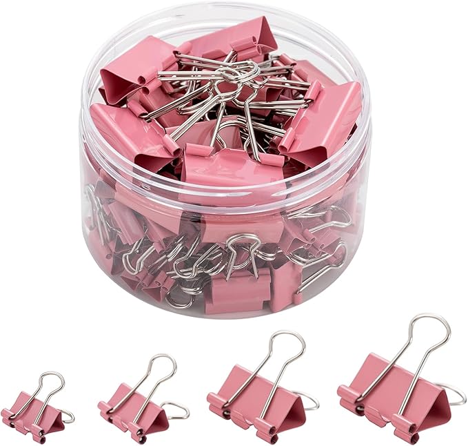Binder Clip Paper Clamps, Assorted Sizes (Mini, Small, Medium, Large), 100 Pcs Clips for Office School Supplies (Pink)