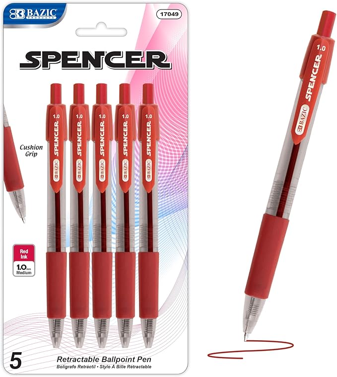 BAZIC Ballpoint Pen Spencer Red Retractable Pen Soft Barrel Grip Pens, 1.0 mm Bold Point Smooth Writing, for Office School Teacher (5/Pack), 1-Pack
