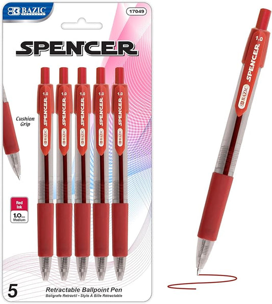 BAZIC Ballpoint Pen Spencer Red Retractable Pen Soft Barrel Grip Pens, 1.0 mm Bold Point Smooth Writing, for Office School Teacher (5/Pack), 1-Pack