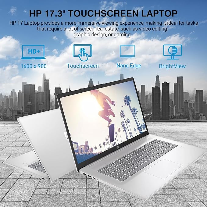 HP 17 Touchscreen Laptop Computer, 17.3” HD+ Touch Screen Laptop Notebook PC, Intel 10-Core i7, 36GB RAM 1TB SSD, Windows 11 Pro, 10 Key Backlit Keyboard, Fingerprint Reader, Wi-Fi 6