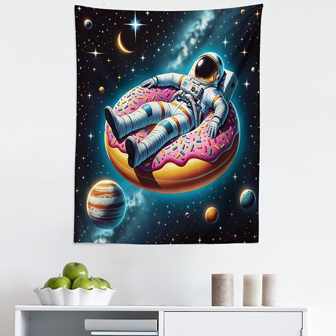 Ambesonne Funny Astronaut Tapestry, Spaceman Floating on a Donut Through the Galaxies Planets Moon, Fabric Wall Hanging Decor for Bedroom Living Room Dorm, 23" x 28", Petrol Blue Pink Orange