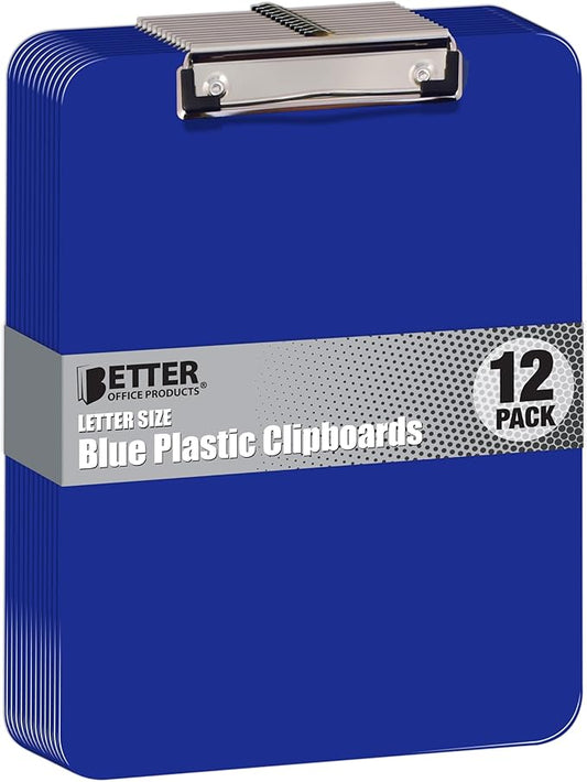 Better Office Products Blue Plastic Clipboards, 12 Pack, Durable, 12.5 x 9 Inch, Low Profile Clip, Blue, Set of 12