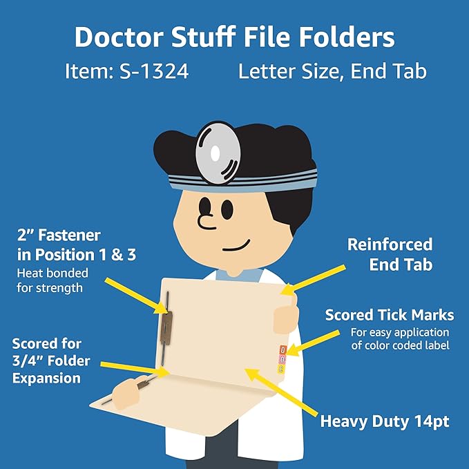 Medical File Folders with 2 Fasteners, Doctor Stuff, Letter Size, Reinforced End Tab Folders with 2” Bonded Fastener on Inside Front and Back, 14 pt Manila Stock, Box of 50