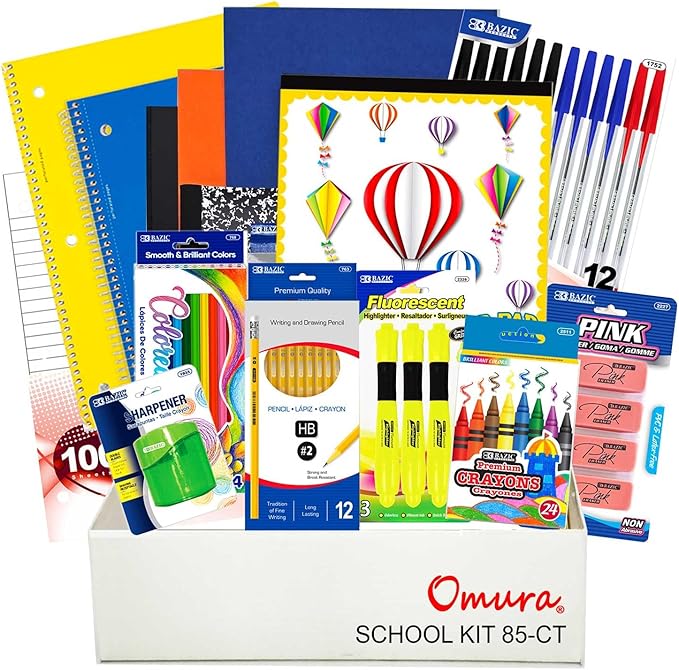 OMURA Learning Elementary School Back to School Supply Box, 85-Piece Classroom Essentials Kit – Bulk Pallet Pack (112 Units)