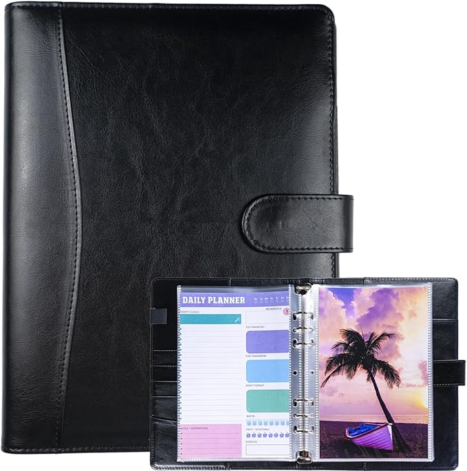 5.5x8.5 Inch Faux Leather Notebook with 30 Pack 60 Pockets Sleeve Refill Pages,6 Ring A5 Binder Album Collection Holder Book, Ultra-Clear Photo Binder Protector, Double-Sided and Top Loading