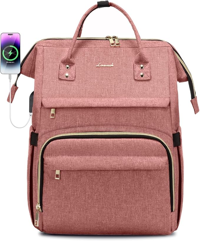 LOVEVOOK Laptop Backpack for Women, 15.6 Inch Professional Womens Travel Backpack Purse Computer Bag, Waterproof College Work Bag Carry On with USB Port, Light-pink