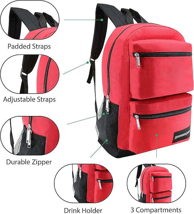 12-Pack 19” Sport Backpacks with 18 Piece School Supplies Kits - Pens, Pencils, Crayons - Bulk Bundle for Elementary, Middle, and High School Students, 6 Assorted Styles