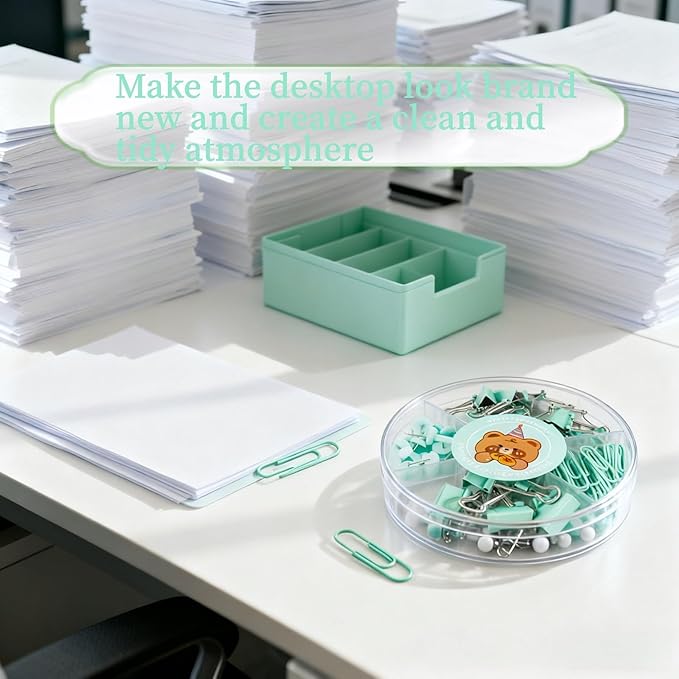 45 Pcs Metal Binder Clips Set with Pushpins,Cute Green Desk Supplies Multi-Size Binder Clips,Glossy Tacks, and Reusable Paper Clips.Portable case for School/Office.Perfect Green Desk Accessory Gift