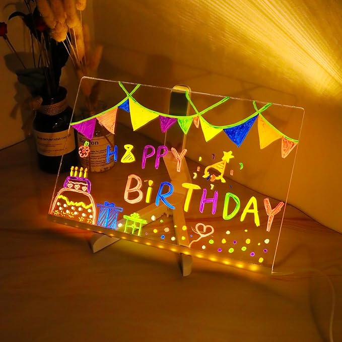 2 Set LED Note Board with Colors, Glowing Acrylic Dry Erase Board, 11.8 x 7.87 and 5.9 x 5.9 Two Sizes Illuminating Dry Erase Board with Stand, for Study, Work and Personal Creative Use