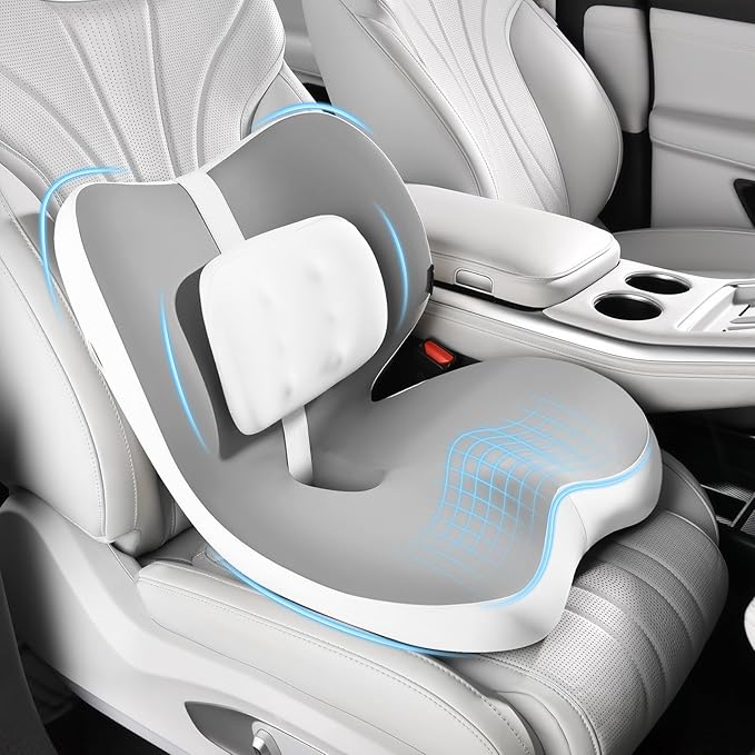 FLORICH 2 in1 Truck Seat Cushion and Lumbar Support Pillow Memory Foam Car Seat Cushion with Adjustable Strap for Truck Driver Long Drives, Fits Semi Truck Seat,Car,Office&Gaming Chair(Light Grey)