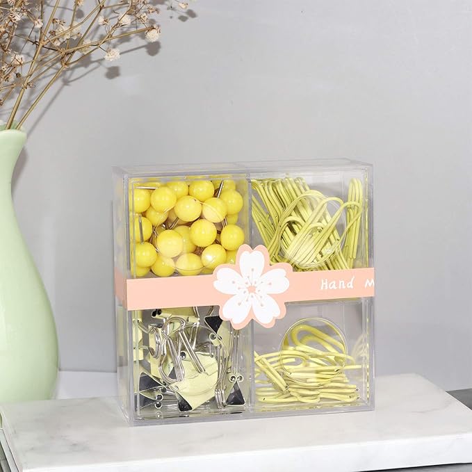 Cute Thumb Tacks Paper Clip Binder Clips Push Pins Set Assorted Size Metal Clips in Plastic Holder Decorative Desk Accessorries (Yellow)
