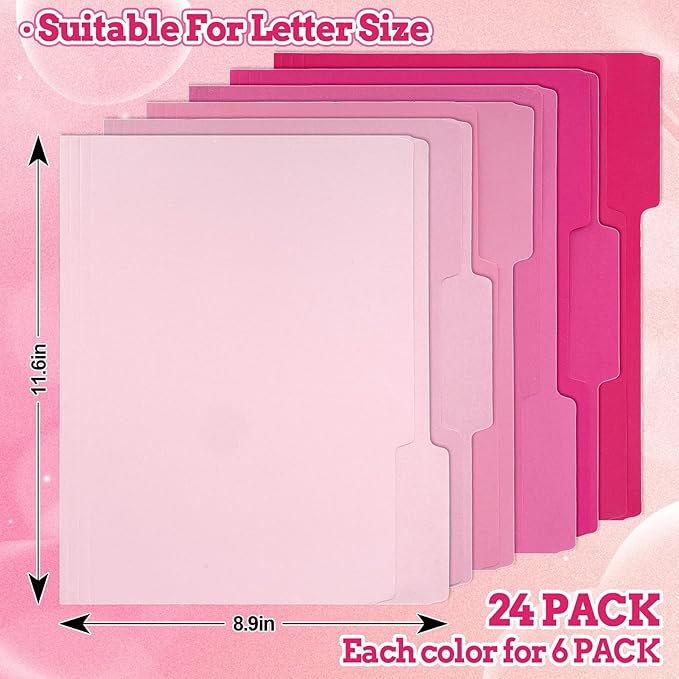 Whaline 24 Pack Hot Pink File Folders Letter Size 6 Colors Gradient Pink File Pockets with 1/3 Cut Tab for Home Office Classroom Supplies, 8.9 x 11.6 Inch