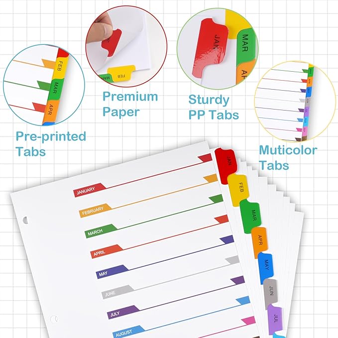 Monthly Binder Dividers for 3 Ring Binder, COIDEA Jan-Dec Dividers for 3 Ring Binder, 12 Tabs Multicolor Month Binder Dividers with Customizable Table of Contents Page for School Office Organizing