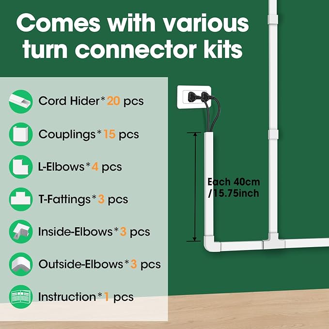 AZEN Cord Hider Kit, 315in Cord Covers for Wires on Wall, Paintable Wire Covers for Cords on Wall, Wire Hiders for TV on Wall, Self-Adhesive Cable Hider Cord Organizer, 20X L15.75X W0.96x H0.57in