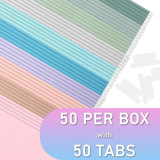 50pcs Hanging File Folders,Decorative Hanging Folder,Letter Size with 1/5-Cut Adjustable Tab Durable 10 Color Assorted for Filing Cabinet Drawer Desk Office Home