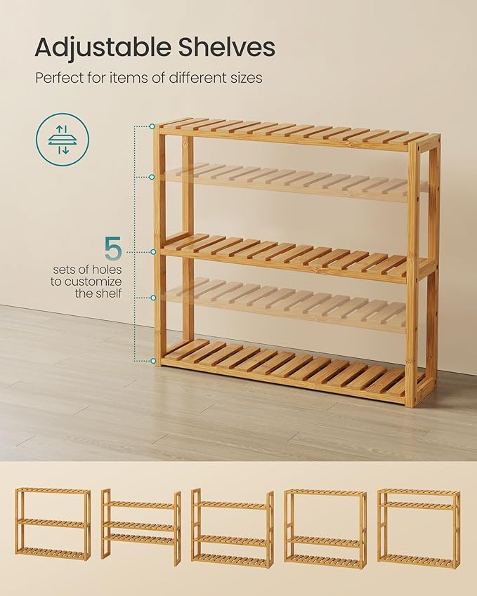 SONGMICS Bamboo Bathroom Shelf, 3-Tier Adjustable Plants Rack, Wall-Mounted or Stand, in the Living Room, Balcony, Kitchen, 5.9 x 23.6 x 21.3 Inches, Natural UBCB13Y