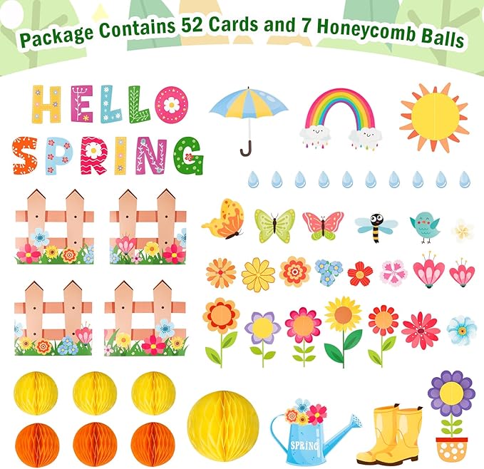 Konsait Spring Bulletin Board Decorations, 59Pcs Raindrop Flower Hello Spring Bulletin Board Decorations Set, Spring Cutouts for Classroom Office Home Wall Blackboard Door Decorations