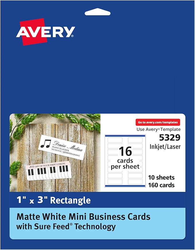 Avery Mini Business Cards, Sure Feed Technology, 1" x 3", Matte White, 160 Small Business Cards Total, Print-to-the-Edge, Laser/Inkjet Printable (5329)