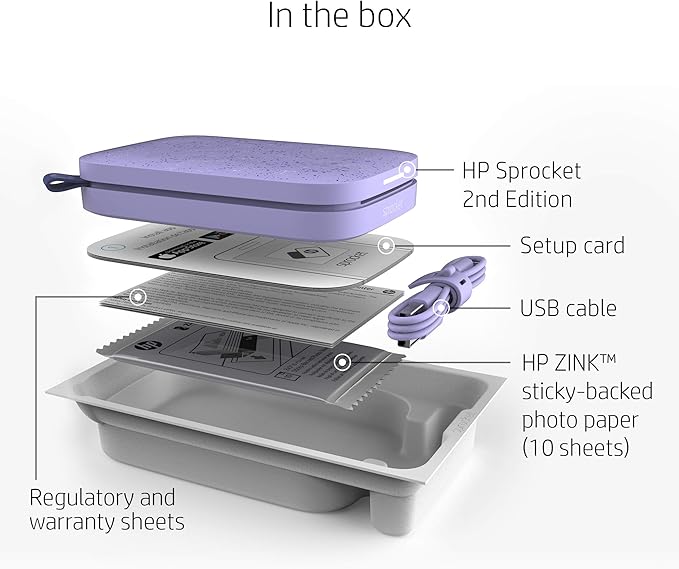 HP Sprocket 2x3 Instant Smartphone Photo Printer 75 Sheets Bundle - Bluetooth Portable Color Wireless Mobile Printer (Purple) Zink Sticky-Back Photos