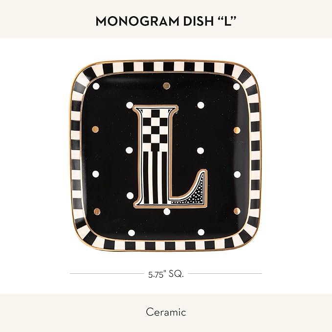 MACKENZIE-CHILDS Monogram Dish, Decorative Ceramic Letter Plate, 5 3/4" Square, L